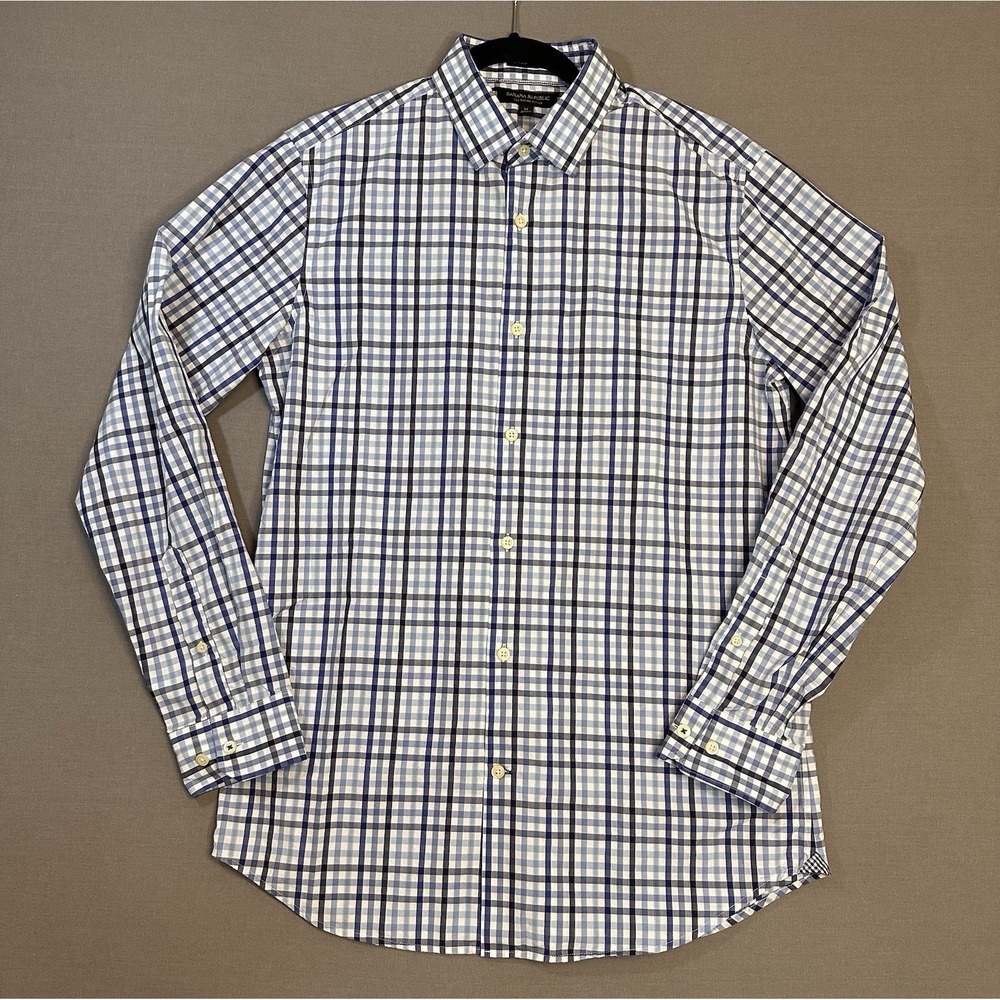 Banana Republic Camden Fit Men's M Woven Cotton Blue White Check Button-Up Shirt